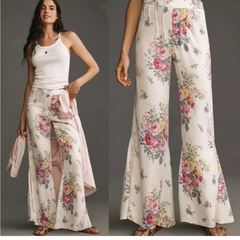Anthropologie Pink and Cream Floral Lace Wide-Leg High Waist Satin Pants Sz-12 - Picture 3 of 13